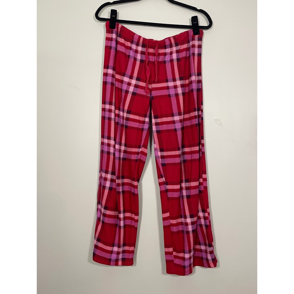 Faded Glory Pajama Pants Women Large 12-14 Red Pink Plaid Good Fleece Drawstring